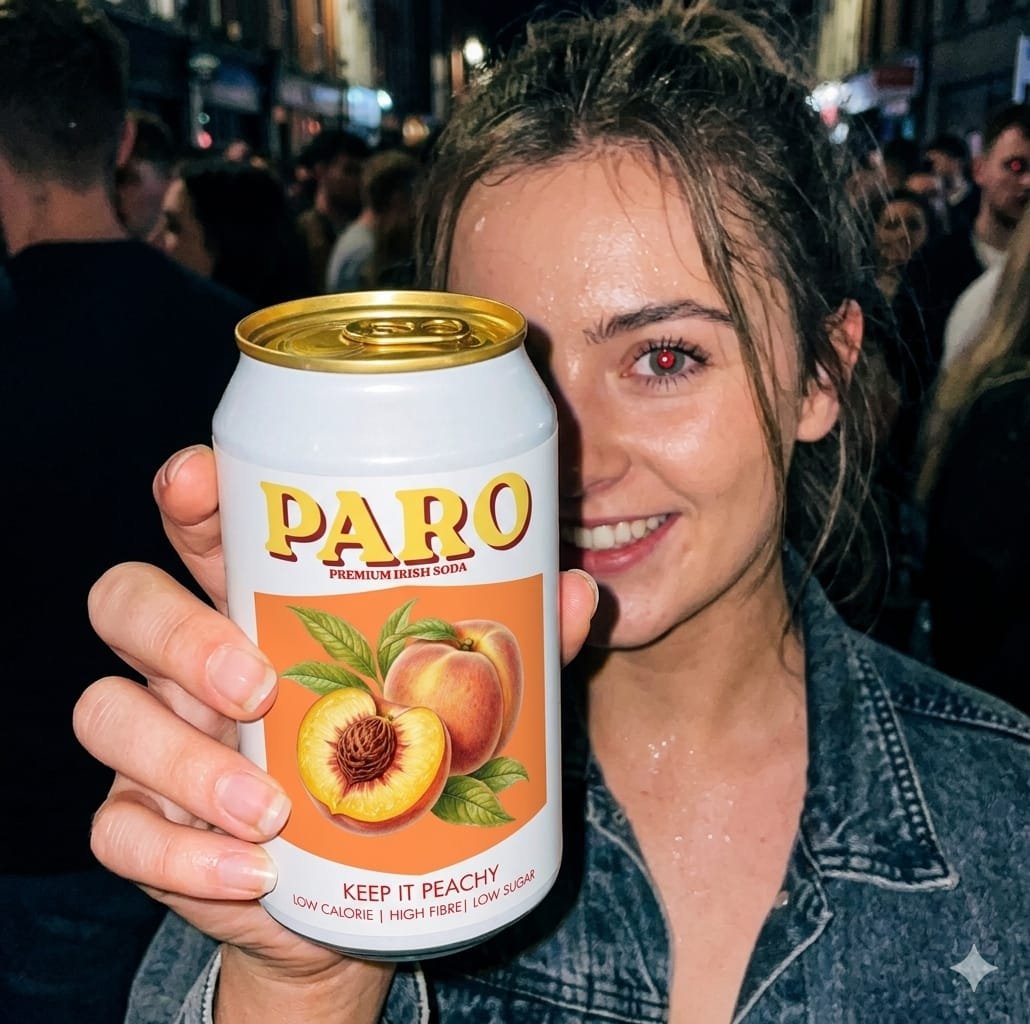 Person holding a PARO peach soda can on a night out